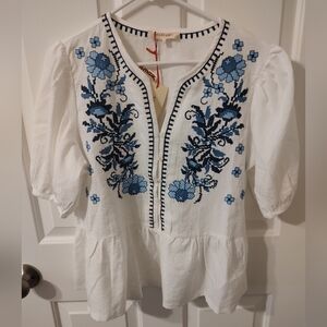 Peasant Top by Solitaire - White with Blue Embroidery, Size Large